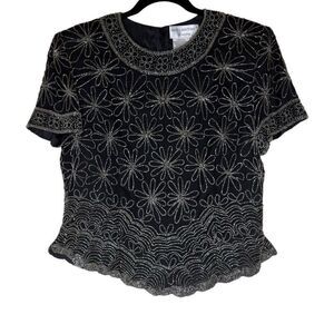 Vtg Adrianna Papell Papell Boutique Evening Black Silk Beaded Top Sz L Old Money